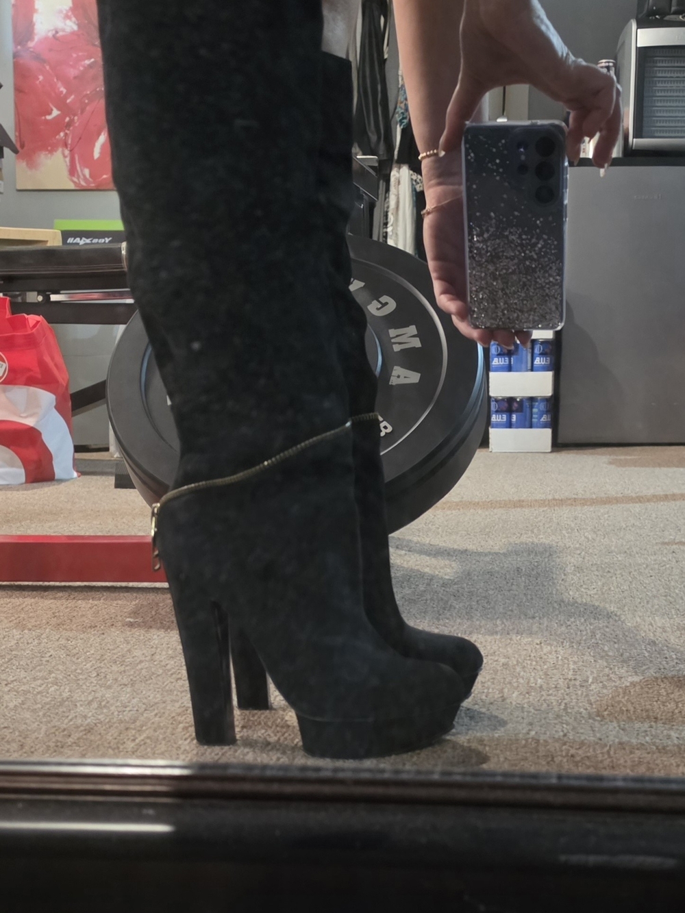 Women's Black Suede High-Heel Knee Boot with Gold Zip - Picture 6 of 7